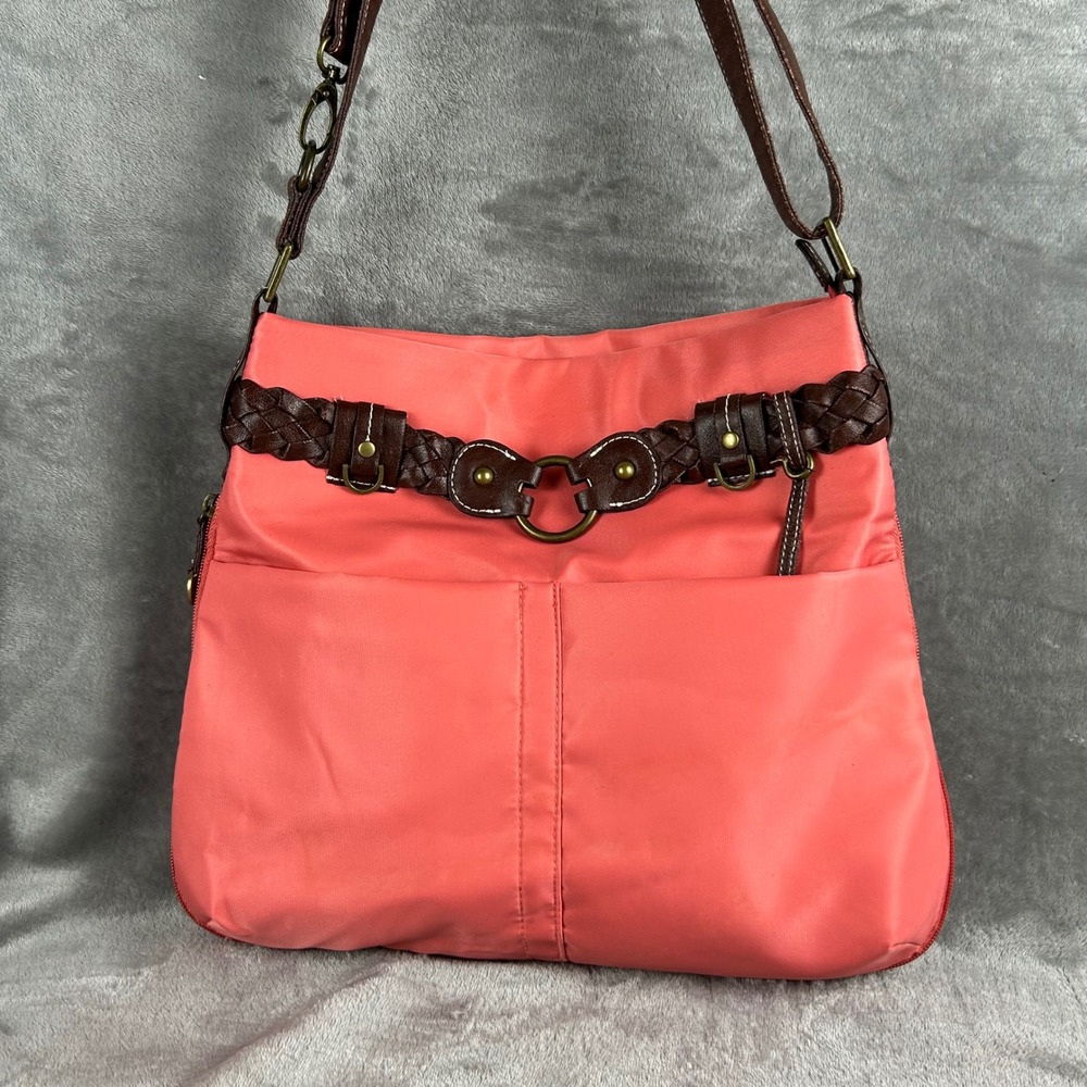 Travelon Coral Pink Nylon Crossbody Bag Brown Braided Trim Travel Messenger
